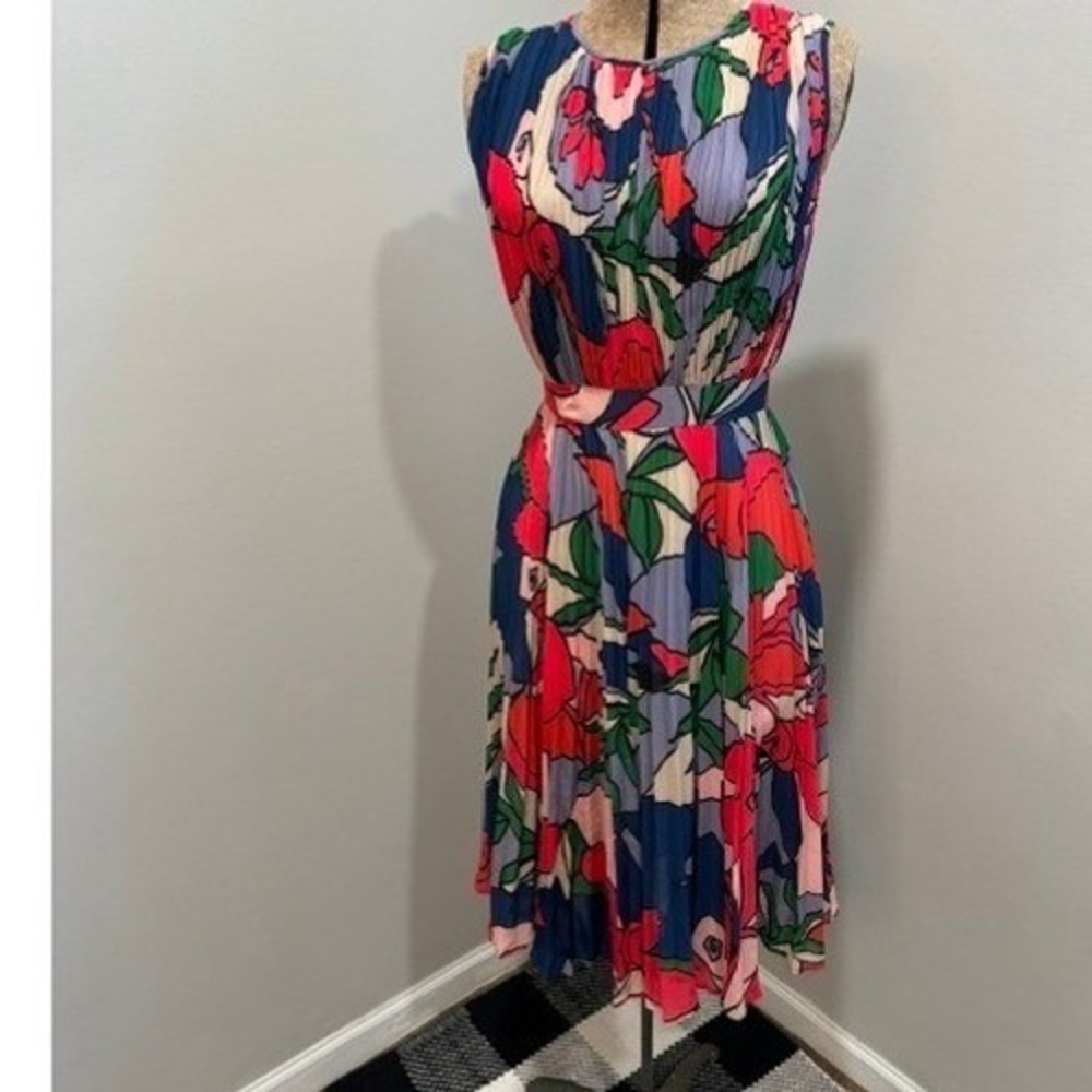 Catherine Malandrino Floral Pleated Midi Dress Sleeveless Multi Color Size 4